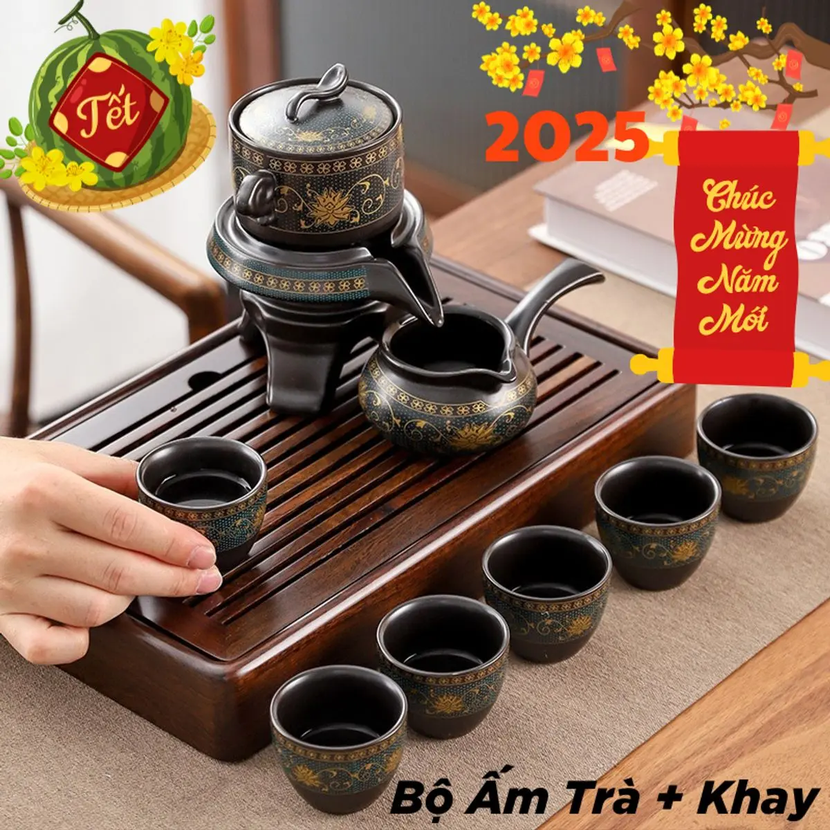 Bộ Ấm Chén Pha Trà Cối Xay Cao Cấp  -  Bộ Ấm Chén Pha Trà  Cối Xay Sang Trọng, Xoay 306 Độ, 9 Món mén Sáng Bóng Họa Tiết Xanh Đen Sang Trọng, Phù Hợp Với Mọi Gia Đình Dịp Tết 2025