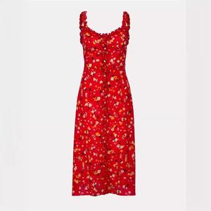 Đầm Hoa Đỏ Phong Cách Zhong Chuxi Giống Lisa Guan Xiaotong, Đầm Dài Xếp Bèo Mùa Hè