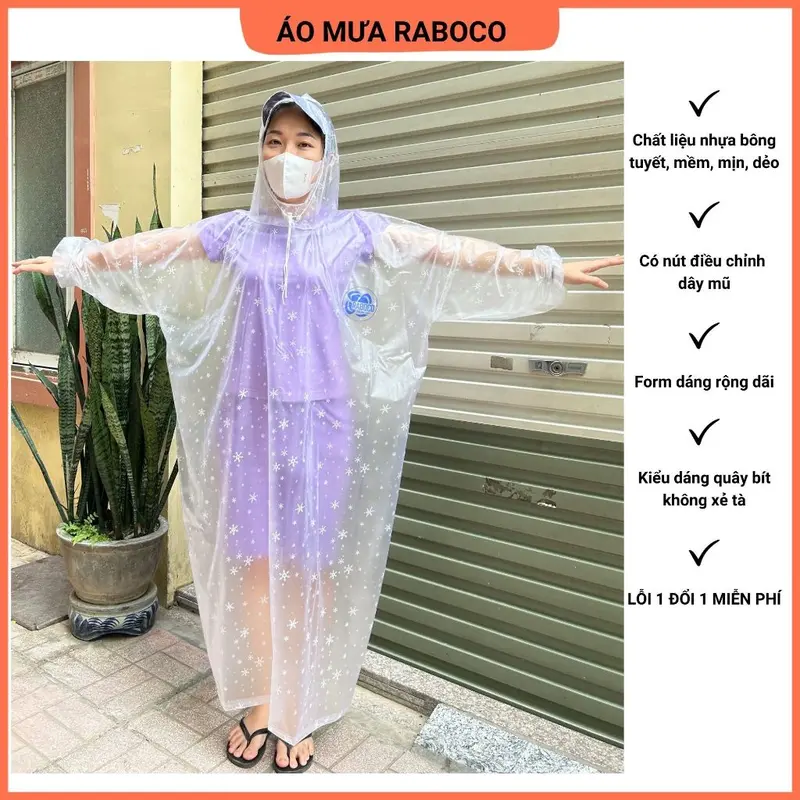 SIZE 1M4 Áo mưa bít bông tuyết không xẻ tà, áo mưa hoa tuyết,chất liệu bông tuyết, đi mưa, xe máy, xe đạp, mềm, dẻo, dai 1