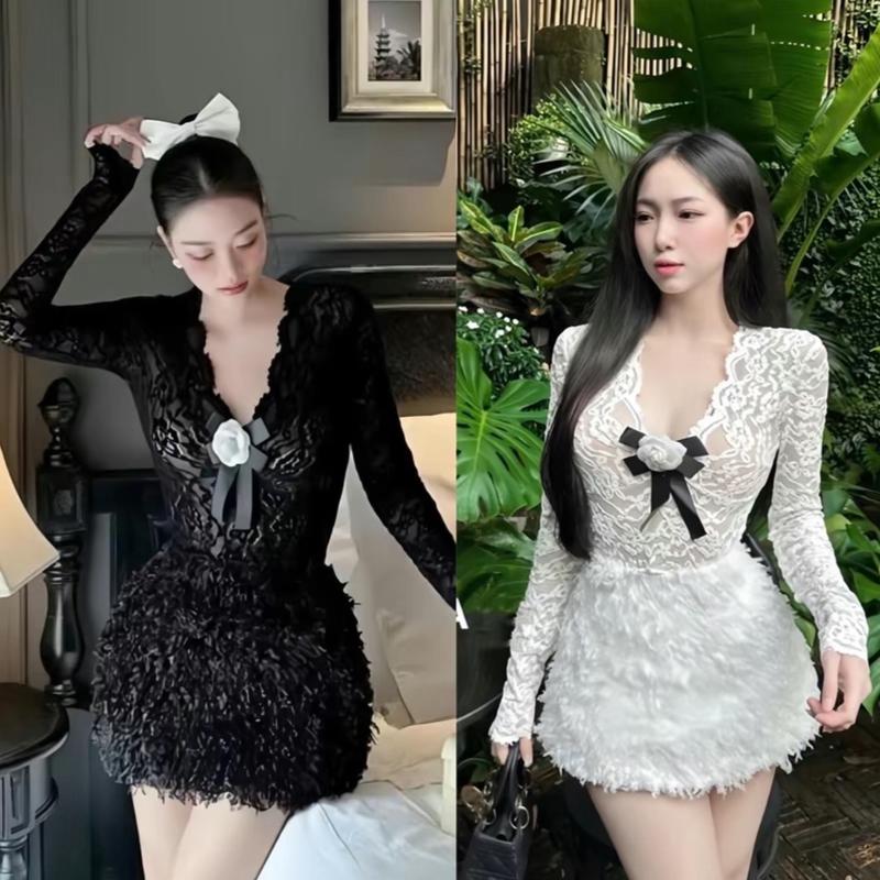 [ Bèo Béo Bigsize ] Set Thời Trang  Nữ 3 Món Áo Ren Đính Hoa Mix Chân Váy Lông ( áo ống ) Form 60-90Kg