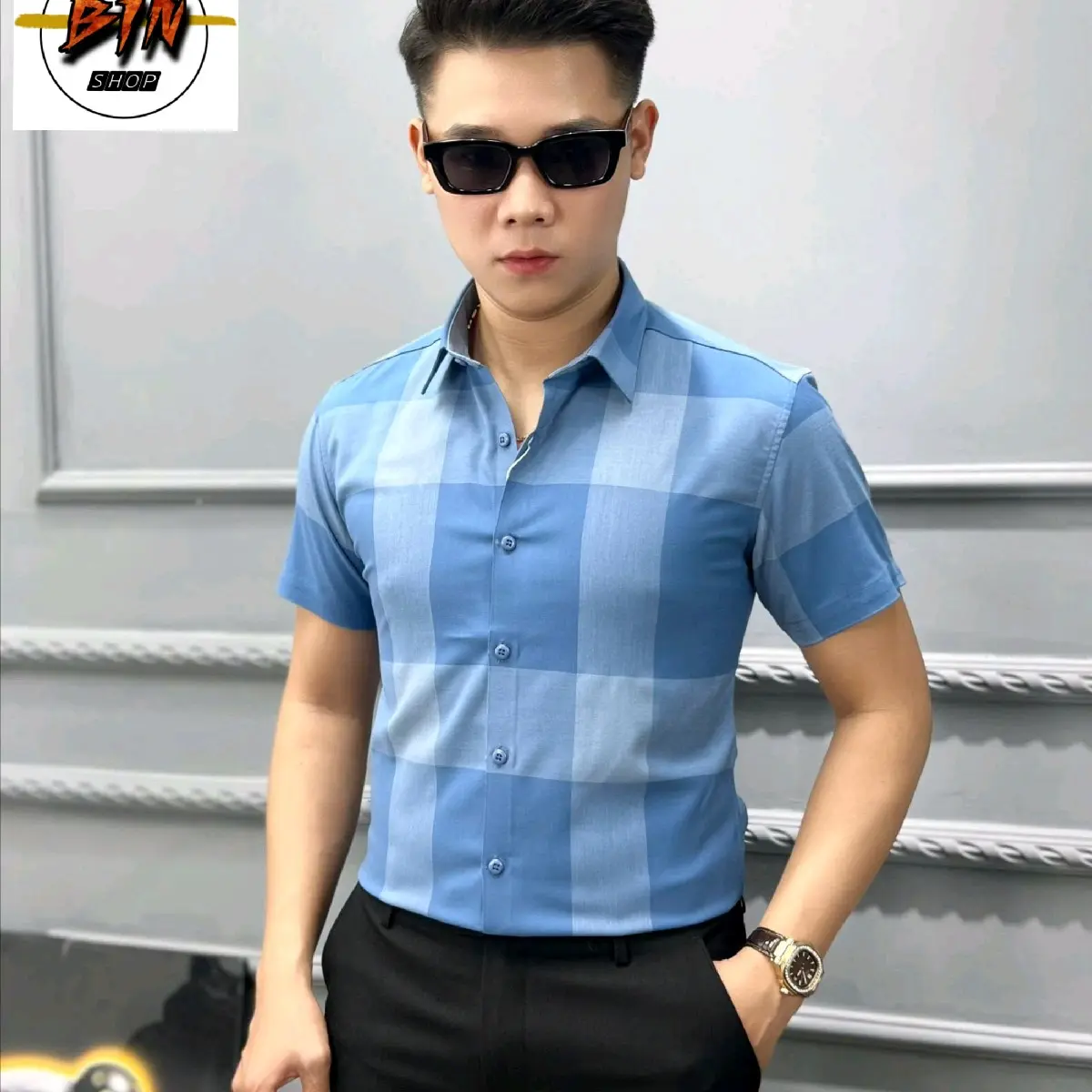 Áo sơ mi nam cao cấp kẻ karo cộc tay mã K41
