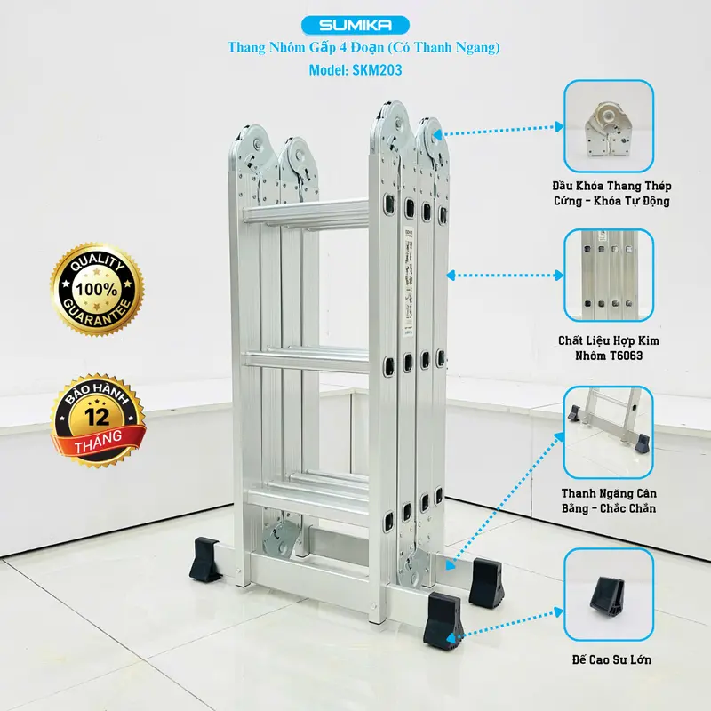 Thang nhôm gấp 4 đoạn SUMIKA SKM203, chữ A cao 1.7m, chữ I cao 3.4m, 14 tư thế sử dụng 7