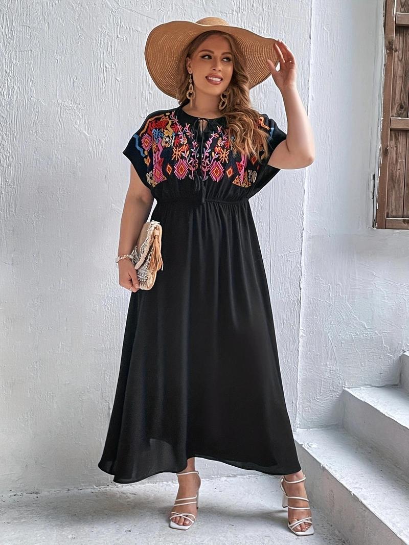 Product Introduction of Plus Size Ethnic Pattern Embroidery Fringe Dress, Plus Boho Tie Neck Long Dress for Summer Beach Vacation, Women's Plus Clothes for Daily Wear, Dresses Summer, Summer Dresses 2025 3