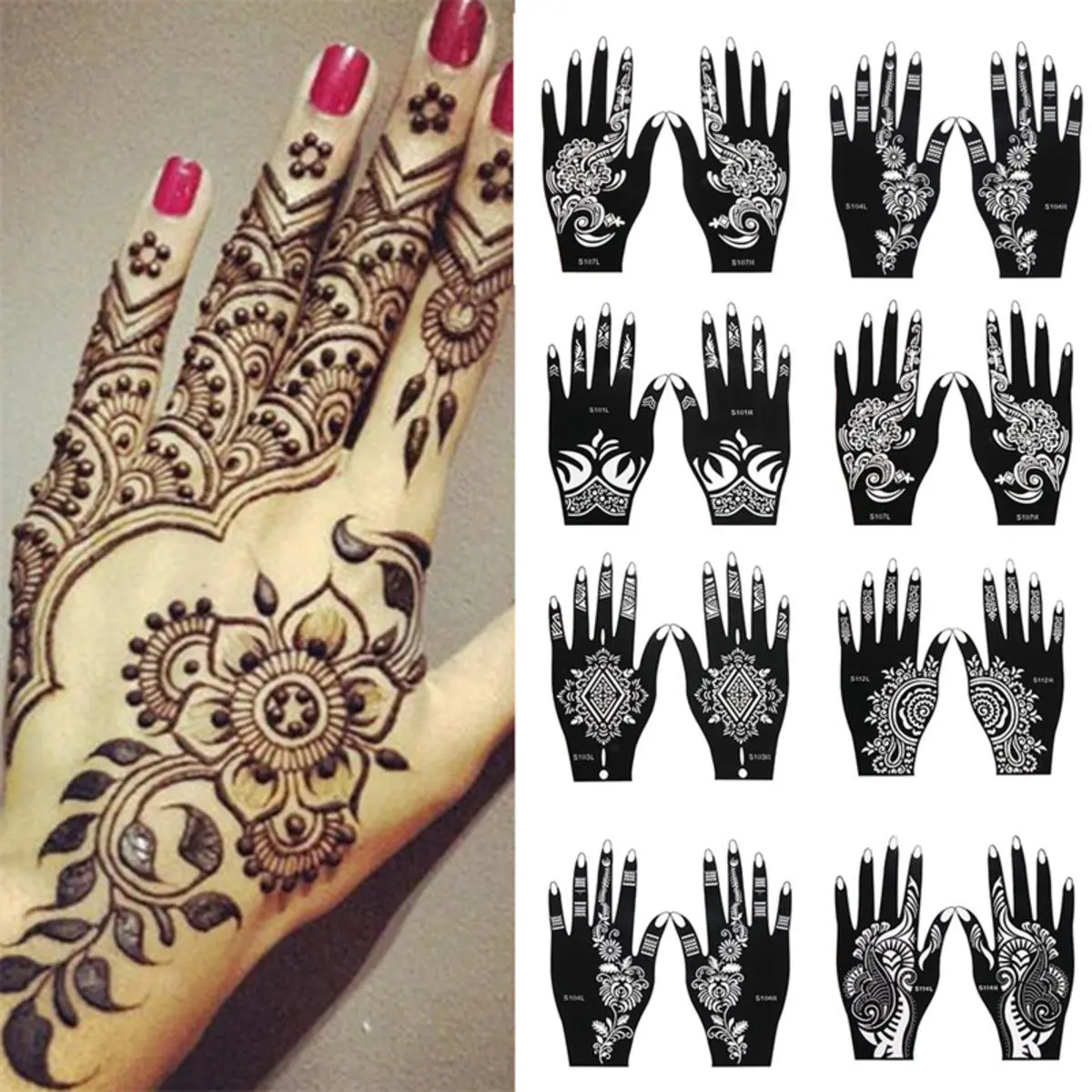 Stensil Tatu Tangan Sementara, Pelekat Seni Badan, Gaya India, Tatu Berus Udara Berkilauan, Aksesori Templat, 1 Pasang, Henna Profesional