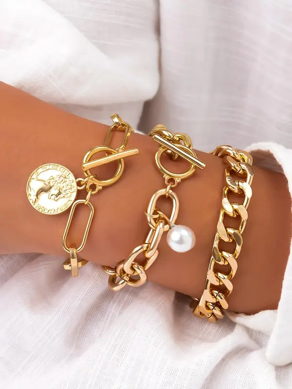 Vintage Chain & Faux Pearl Design Link Bracelet (3pcs), Fashion Punk Chunky Chain Bracelet for Party, Daily Clothing Decor, Trendy All-match & Exquisite Maximalist Jewelry for Birthday Gift 0