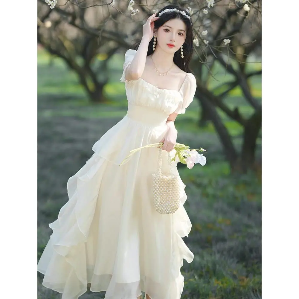 Tea Break French Retro High-End Sweet Girl Slimming Fairy Temperament Super Fairy Ruffled Dress for Tea Break French Retro High-End Sweet Girl Slimming Fairy Temperament Super Fairy Ruffled Dress for