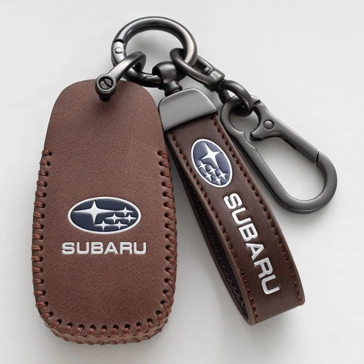 Genuine Leather Smart Car Key Case Cover Shell Chain For For Subaru XV Crosstrek Forester WRX BRZ STILegacy Impreza Outback Remote Fob Holder Protector Zinc Alloy Keychain