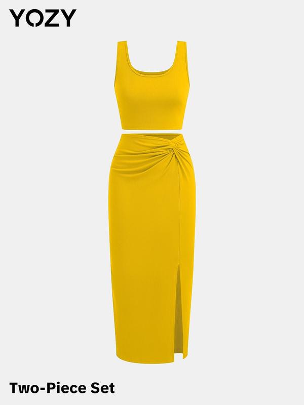 YOZY Solid Ribbed Crop Tank Top & Twist Split Skirt Set, Elegant Square Neck Sleeveless Top & High Waist Bodycon Skirt, 2024 Women's Summer Outfits for Party, Holiday, Vacation 2