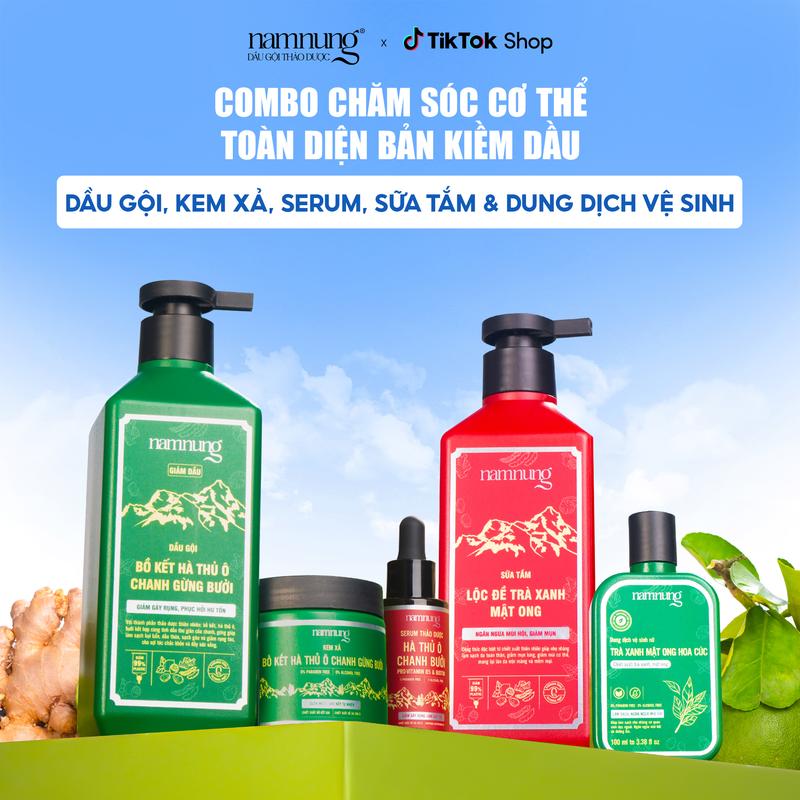 [FLASH SALE] (Combo toàn diện) Dầu gội thảo dược bồ kết NamNung 500ml và dầu xả thảo dược 200gr và serum thảo dược 30ml hỗ trợ mọc tóc, giảm rụng cùng sữa tắm thảo dược 500ml và dung dịch vệ sinh hỗ trợ làm sạch dịu nhẹ Chăm sóc tóc Chăm sóc cơ thể nữ