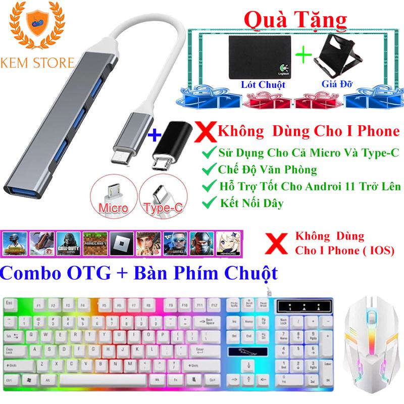 KemPB Store Combo USB OTG HUB+ Bàn Phím Chuột Giả Cơ LED Minecraft Roblox FreeFire PUBG Chế Độ Văn Phòng Hỗ Trợ Android Type-C Micro USB 3.0 Tặng Giá Đỡ Mini Lót Chuột