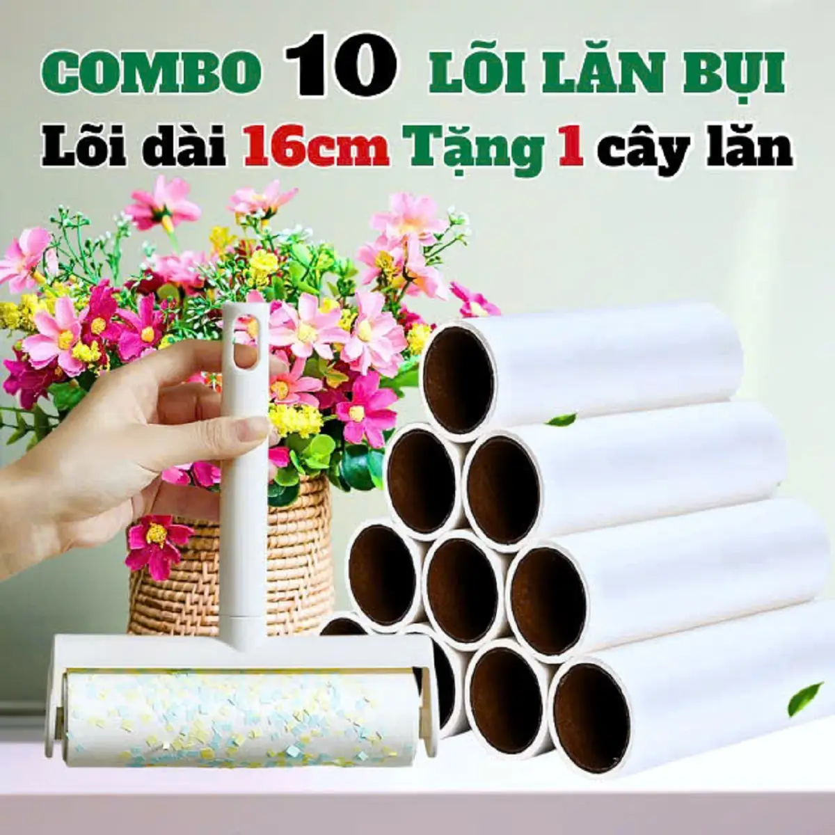 Cây Lăn Bụi Combo 10 Lõi Loại Dày 55 Lớp Keo Có Đủ Mọi Kích Thước 10Cm, 16 Cm Và 24Cm Tặng 1 Cây Lăn Cán Ngắn (Giao Màu Ngẫu Nhiên ) Đồ Phủi Bụi Quần Áo Ôtô Ghế Sofa Lăn Bụi Chăn Ga Gối Nệm Giường Ngủ Tiện Ích
