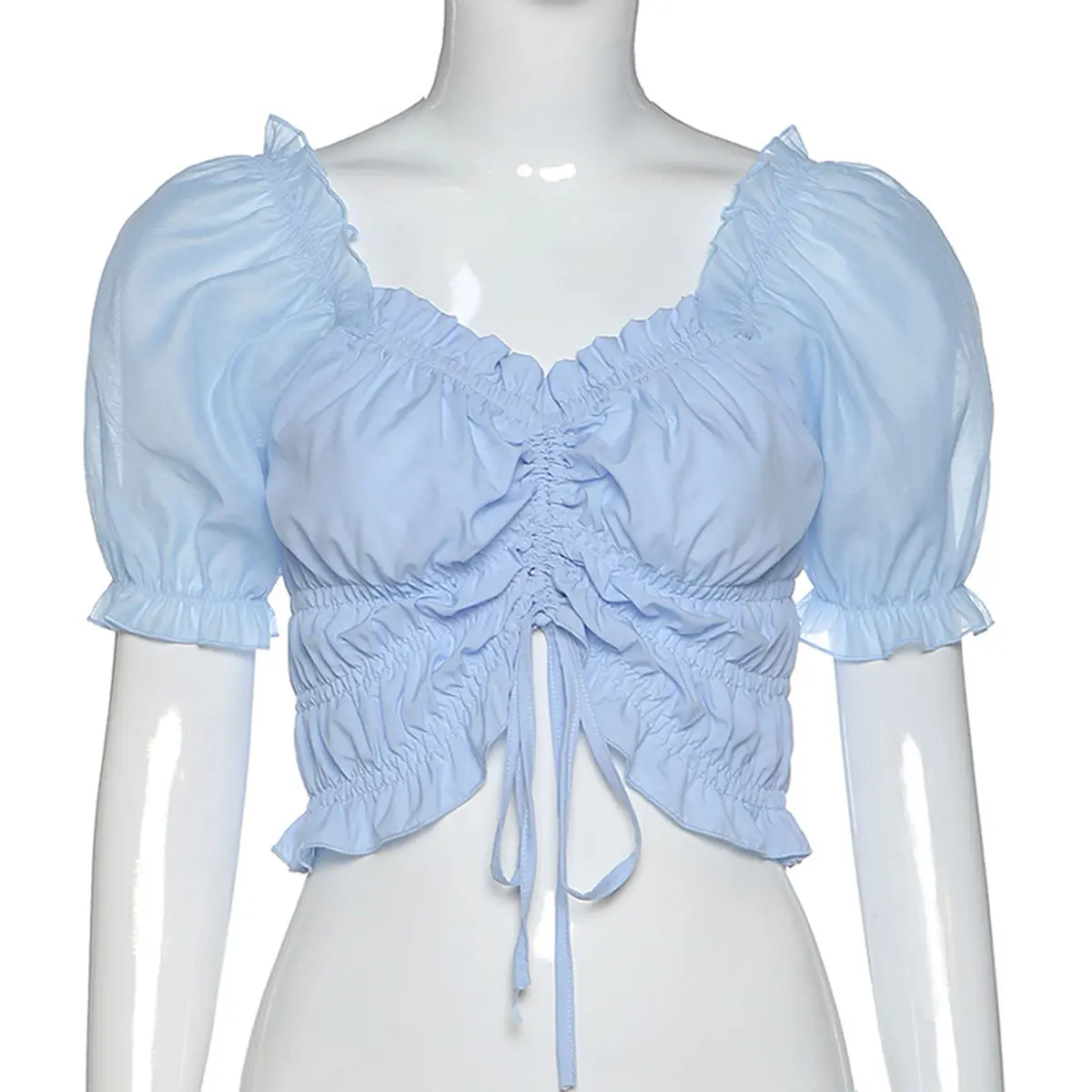 Women Summer V-neck Crop Top Elastic Short Puff Sleeve Drawstring Bow Knot Tied Blouse Slim Shirts