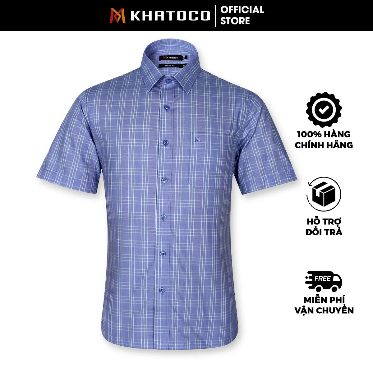 Sơ Mi Caro Tay Ngắn Màu Xanh Dương, Form Tailor Fit Chống Nhăn, Lai Ngang - Áo Nam Khatoco Menswear