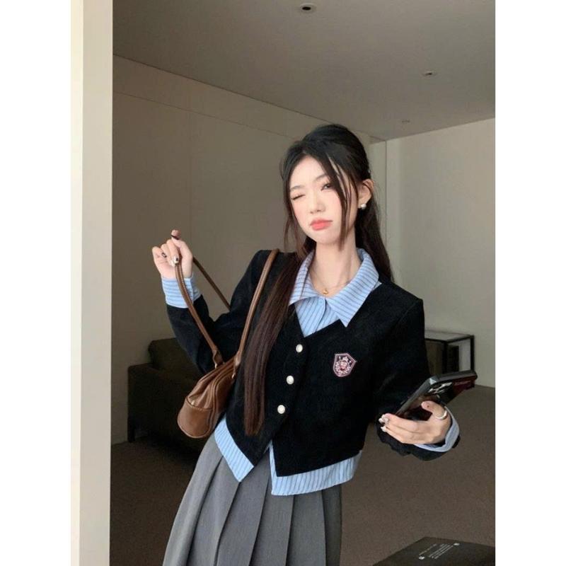 Áo cardigan len cách điệu phối sơ mi kẻ sọc xanh hottrend phong cách trẻ trung năng động MIHN SP251
