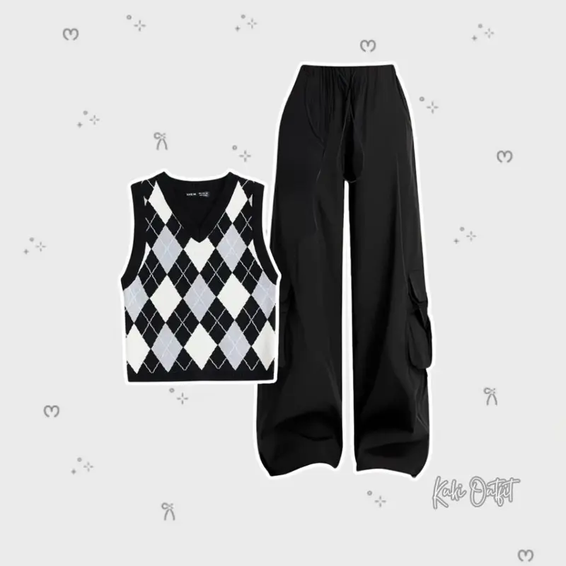 OOTD One Set Perempuan (Vest Rajut  + Kemeja + Celana Cargo) Outfit Korean Style - KK123 Atasan Baju Bawahan Lembut Nyaman Panjang Setelan Wanita Linen Jumpsuit Formal Hitam Basic Kantor Kerja 8