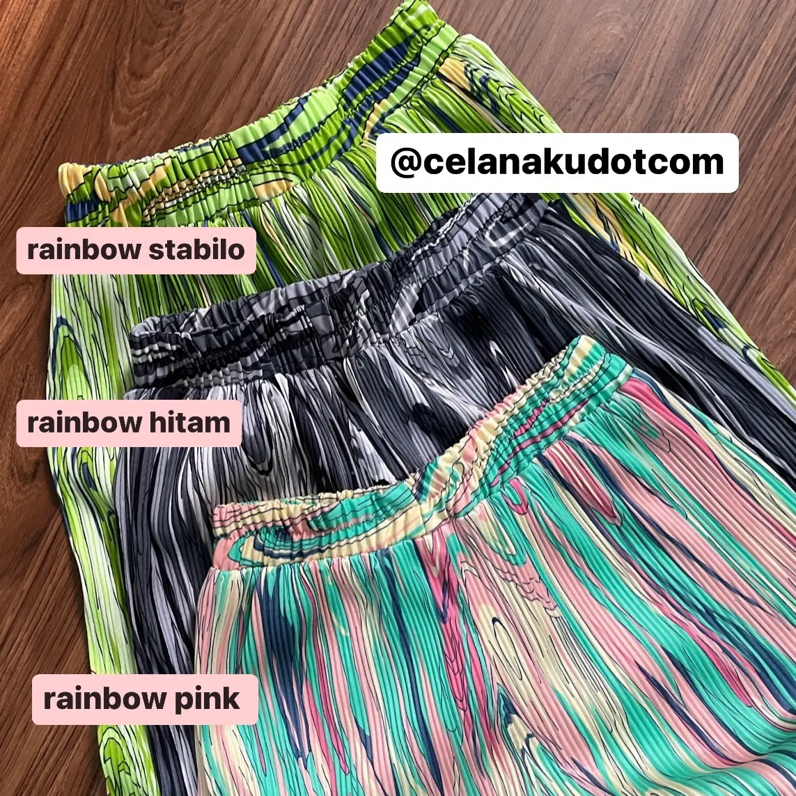 Celana Kulot Panjang Bawahan Wanita Plisket Melar High Waist Motif Rainbow