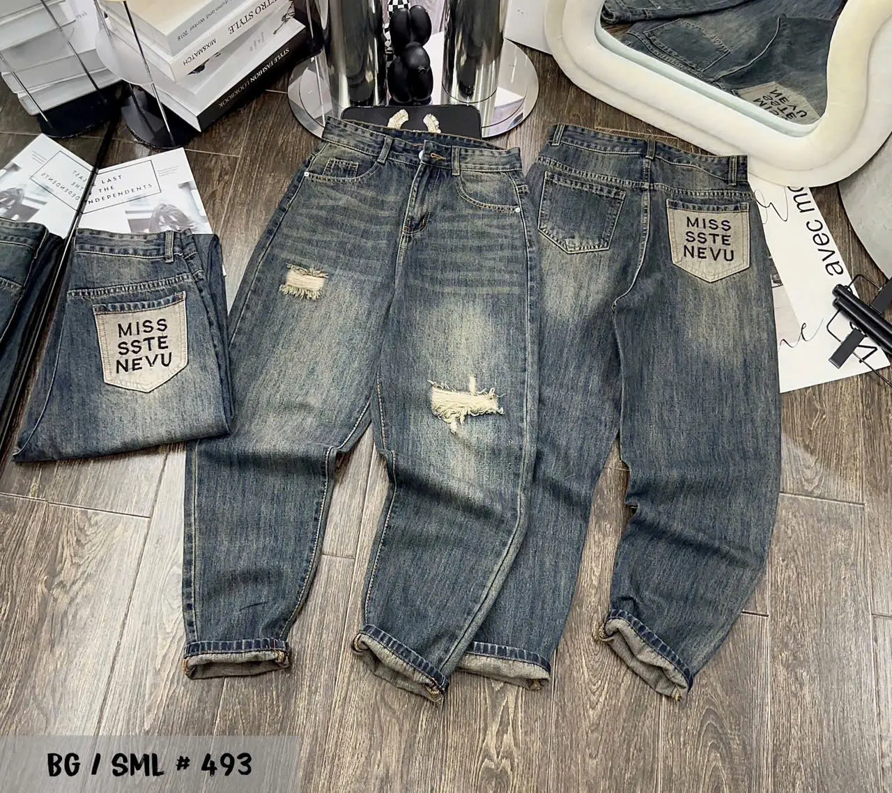 [S,M,L,XL,2XL] Quần Jean nữ Baggy thêu túi miss  lưng cao vải mềm mịn