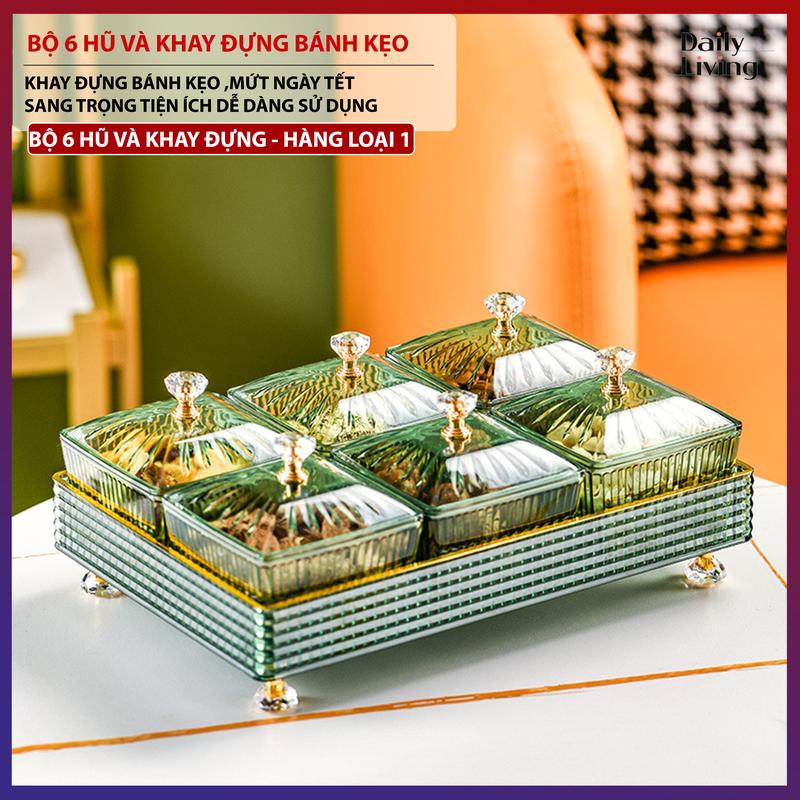 Bộ 6 Hũ Và Khay Đựng Bánh Kẹo Mứt Cao Cấp Ngày Tết Kiêm Khay Đựng Hoa Quả Tiện Tích Sang Trọng Trang Trí Nhà Cửa Ngày Tết, Lễ Mẫu Mới 2025