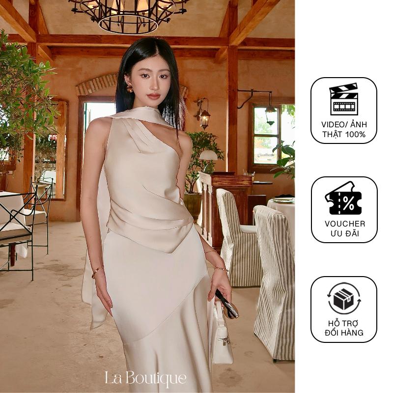 La Boutique - Áo Chéo Vai Và Chân Váy Vạt Xéo Có Khăn Choàng Cổ Chất Lụa Đanh Nữ