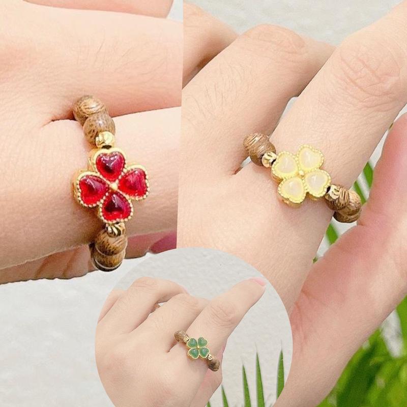 Nhẫn Trầm Hương Mix Cỏ Bốn Lá May Mắn Theo Màu Mệnh Kim Mộc Thủy Hỏa Thổ