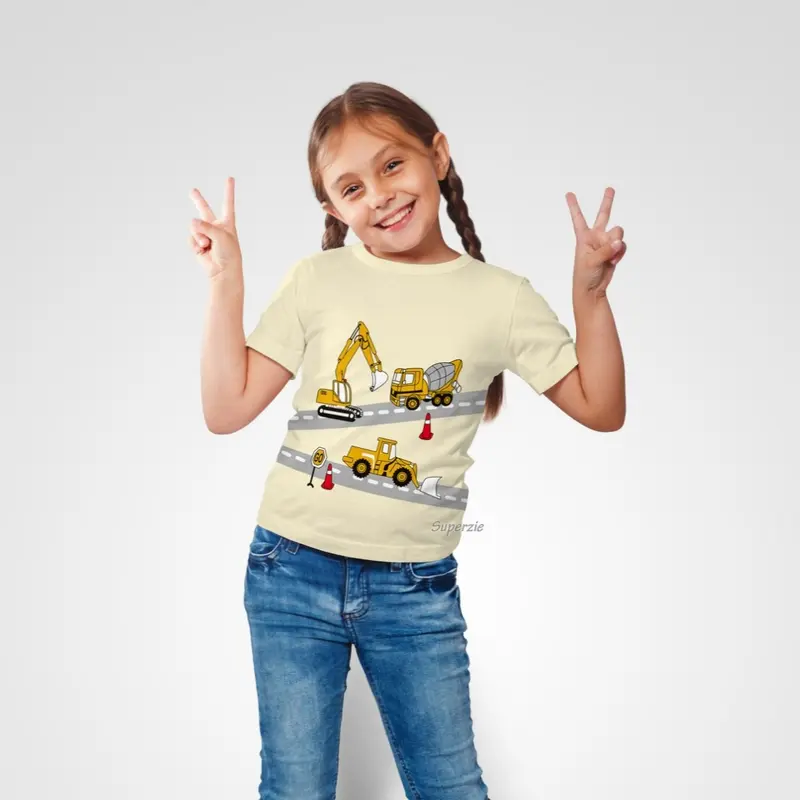 Baju Anak Laki Beko Excavator Dump Truck Cream Kaos Anak umur 1-8 tahun terbaru langsung dari konveksi motif Beko Merah bandung grosiran Perempuan Katun 2