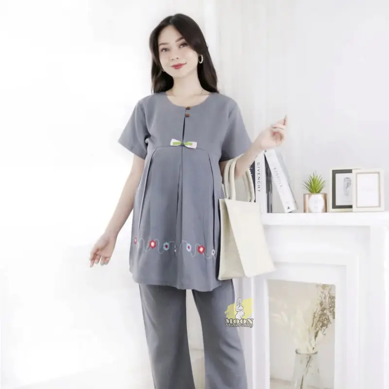 Baju Bumil Setelan Hamil & Menyusui Kekinian / Baju Lengan Pendek & Celana Panjang Untuk Ibu Hamil Bahan Katun 2