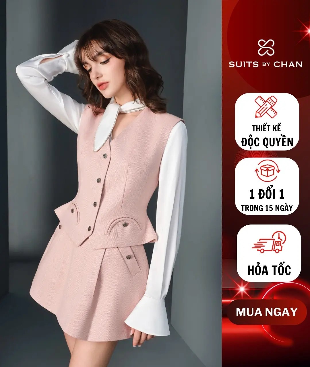SUITS BY CHAN - Set Amore Áo gilet + Chân váy dáng A, Áo lụa phối dây cổ - SCSE00026 SCAO00055 Nữ Women