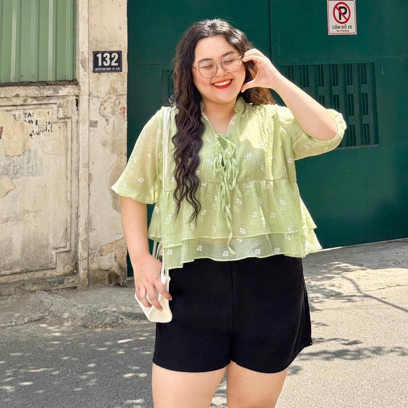 OOTD BIGSIZE | Áo babydoll bigsize hoa nhí tầng tay bồng