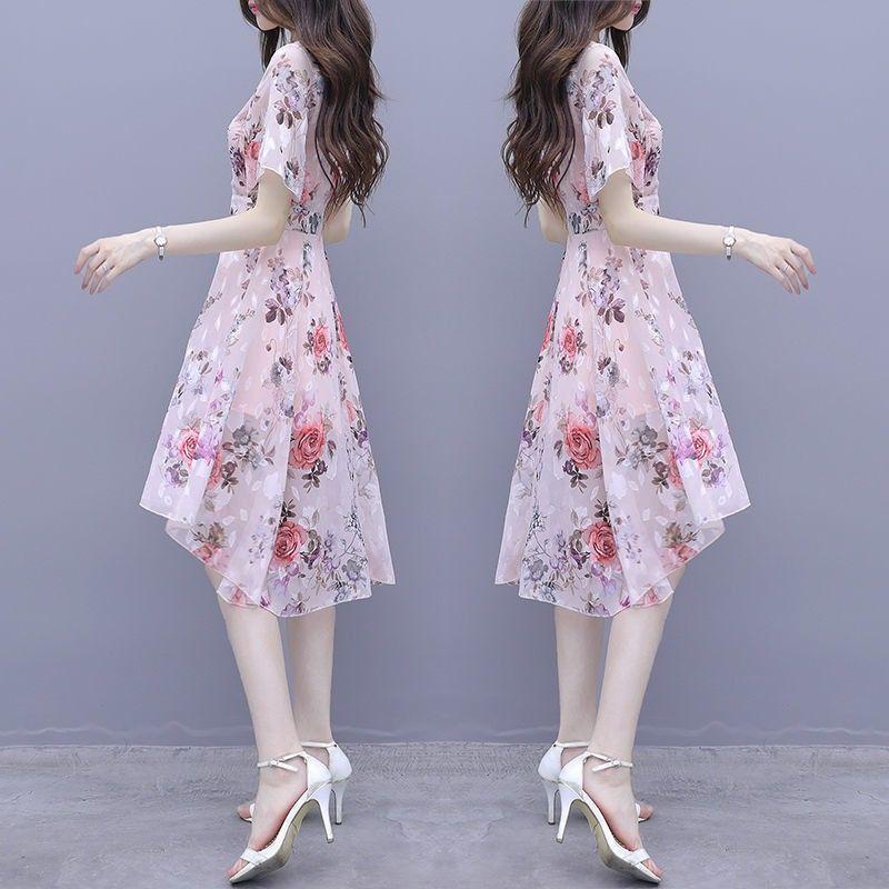 Váy In Hoa, ngắn Tay, Dành Cho Phụ Nữ, Phong Cách Thường Ngày Vừa Vặn Ôm Sát, Váy Lụa Lạnh Không Đối Xứng Cổ Tích Mùa Hè Mới 2024 2