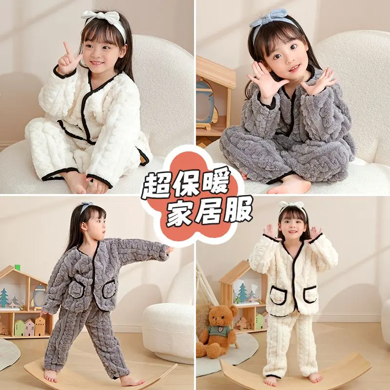 Bộ Đồ Ngủ Trẻ Em, Mùa Thu Và Mùa Đông, Lót Lông Cừu vải nỉ Dày Dặn, Dành Cho Bé Trai Và Bé Gái, Lông Cừu San Hô, Bộ Đồ Cardigan Mùa Đông, Đồ Mặc Nhà