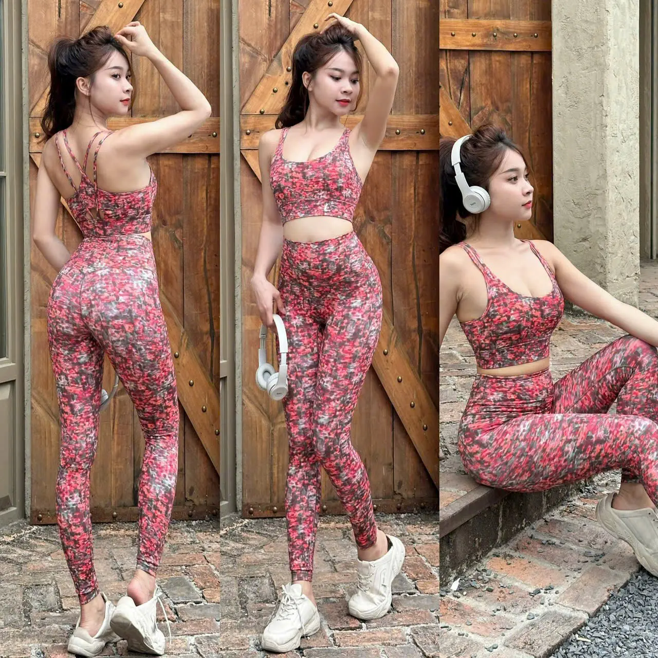 Bộ đồ tập thể thao gym yoga pilates kèm mút ngực | quần legging cạp cao nâng mông tôn dáng
