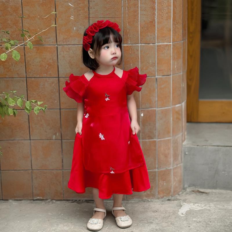 Áo dài cách tân cho bé gái thêu hoa cúc đỏ chất liệu cao cấp đủ size từ 8-32kg quà tặng ngày Tết 2024 OH KIDS áo dài tết cho nàng 12 tuổi áo dài yếm cho bé gái