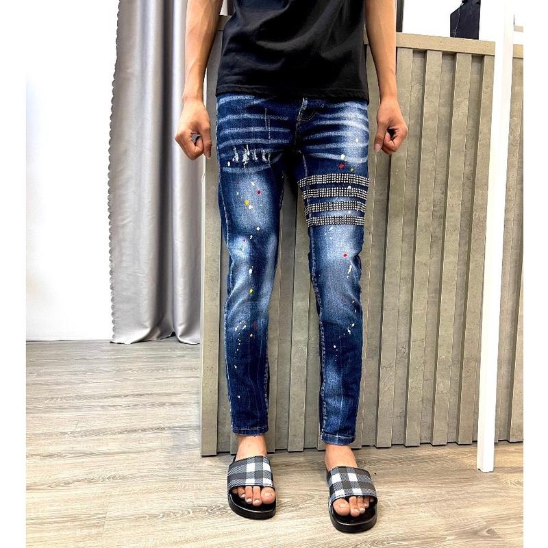 Quần jean nam xanh 4 cúc phối 4 vòng đính đá phong cách thời trang hottrend