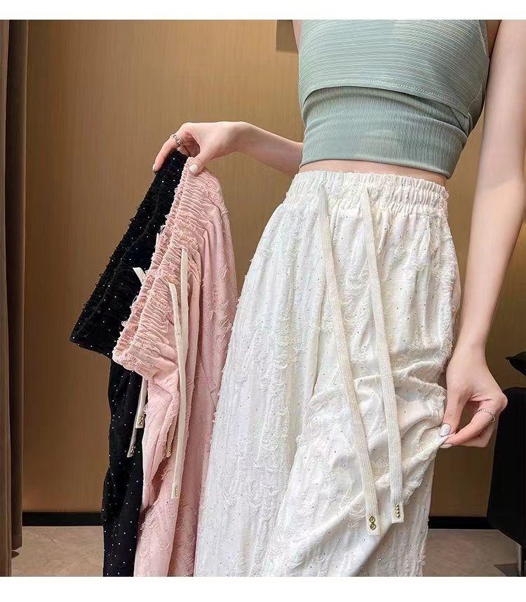 Product Introduction of Summer Ripped Rhinestone New Versatile Sports Wide-Leg Pants Trendy Street Style Long Pants Fashionable Elastic Waist High-Waisted Pants for Women 10