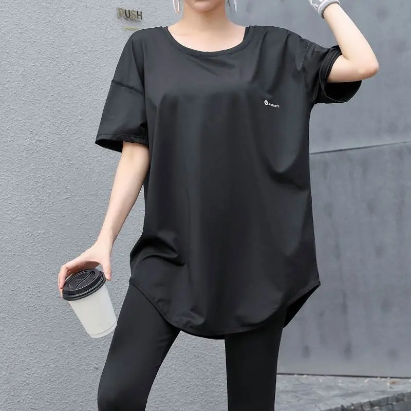 Summer Clothes Thin Women's Yoga Clothes Loose Thigh-Length Short Sleeve plus Size Running Sports Quick-Drying Top Breathable Fitness T-shirt