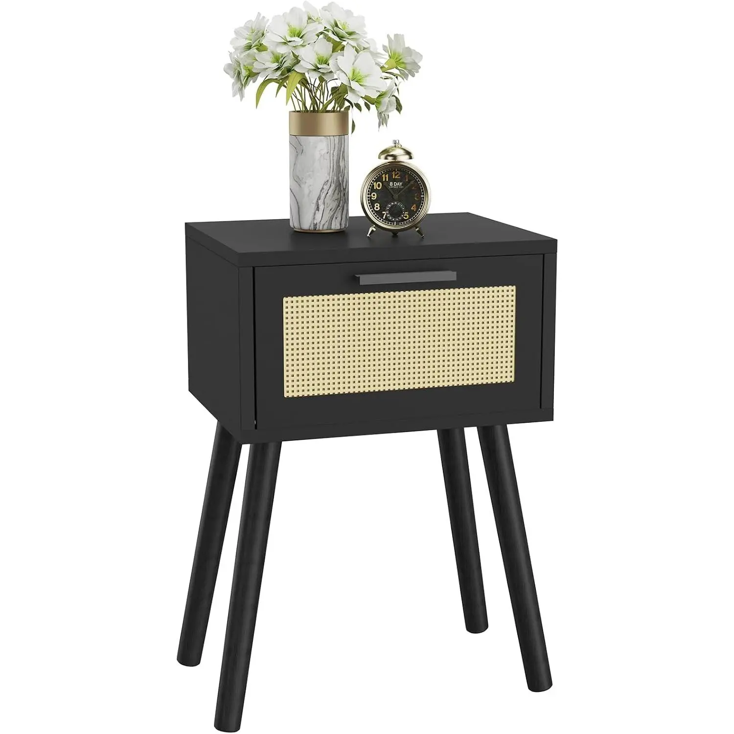 Local shipping-Nightstand, End Table, Small Bedside Table, Handmade Rattan Decorated Drawer, Solid Wood Legs, 35×27×53cm, Modern Side Table for Bedroom, Living Room, Black HST010B