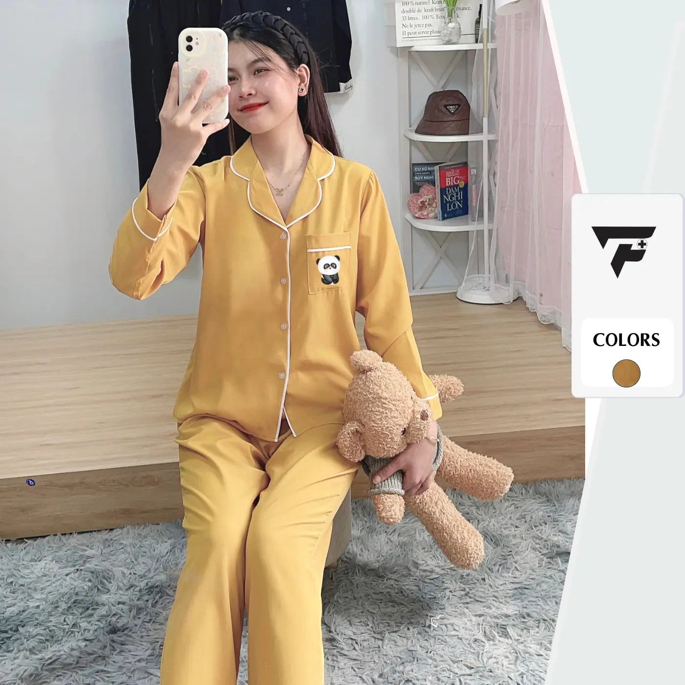 Bộ đồ ngủ Pijama P32 tay dài quần dài vải Lụa 106 in hình gấu cute