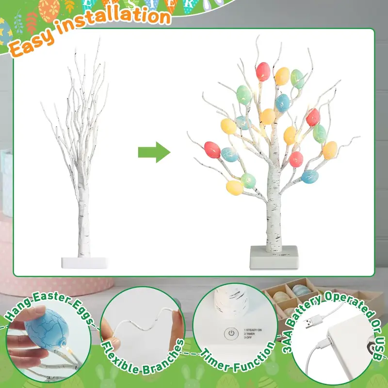 LED Egg Tree Shaped Decorative Light, 1 Count Battery/USB Powered Easter Egg Tree Light with Timer, Decorative Light for Home Party Festival 2