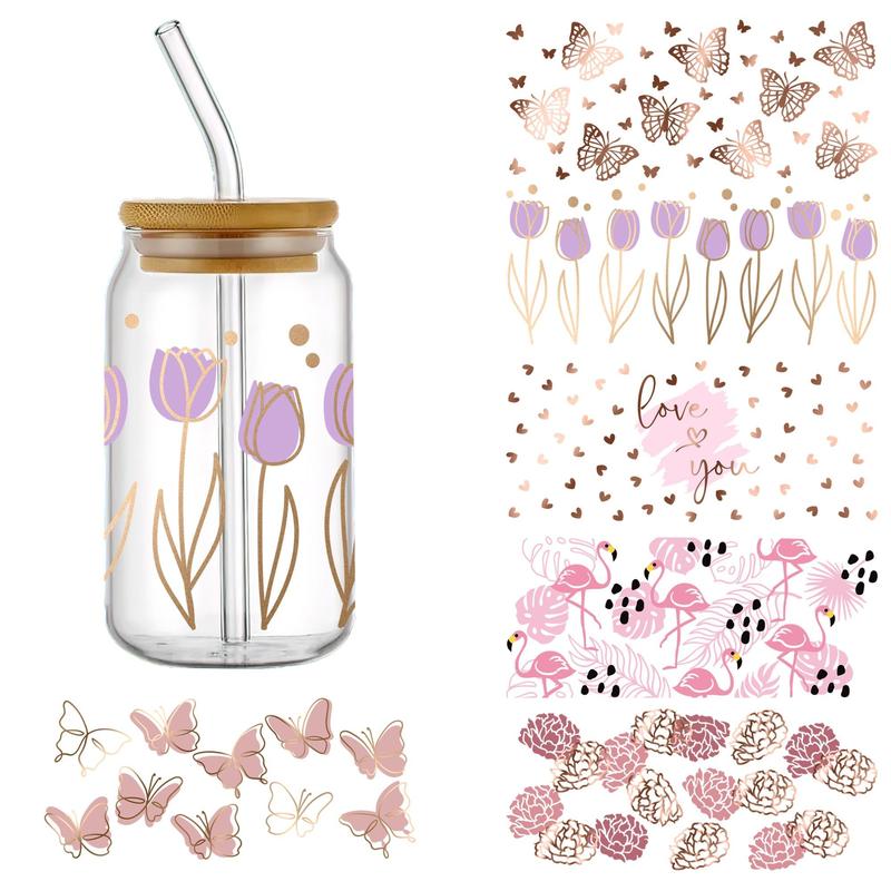 Tulip Flower & Butterfly Pattern Transfer Sticker, 6 Counts/set Waterproof UV DTF DIY Wraps Transfer Stickers, DIY Decorative Sticker for Glass Bottles 0