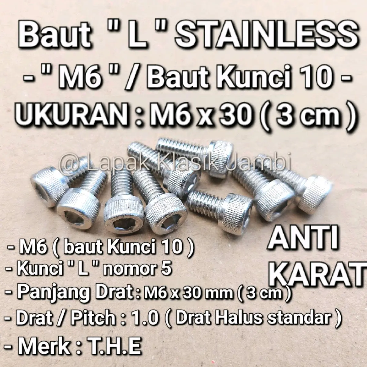 Baut L Stainless M6 x 30 ( 3 cm ) Baut Kunci 10 Stainless 304 THE A2-70