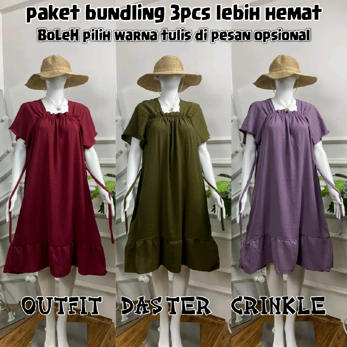 PAKET HEMAT 100RB DAPAT 3 LAURA DRESS KERUT KARET DEPAN SAJA Daster Bahan Crinkle Airflow Tebal model Muda Kekinian Polos Busui Nyaman Kerah Ruffle