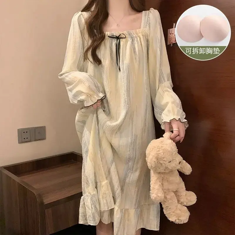 Bộ Đồ Ngủ Dài Tay Phong Cách Công Chúa Pháp Cho Học Sinh Nữ Váy Dài Dáng Rộng Mùa Mùa Xuân Và Mùa Thu, Mỏng, Có Đệm Ngực, Ngọt Ngào, Có Thể Mặc Ngoài Trời Women Váy Ngủ Dress