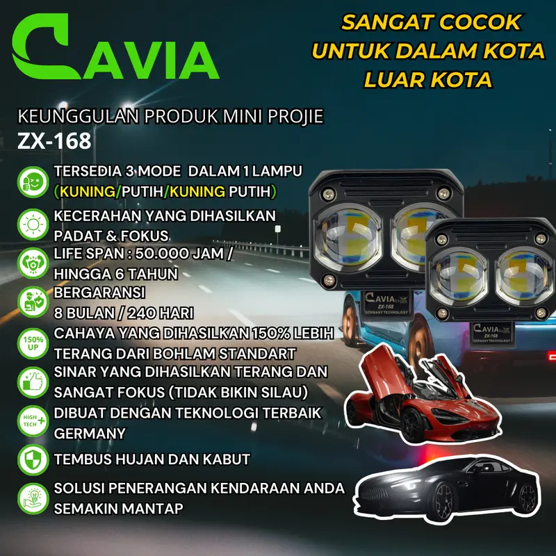 CAVIA - PREMIUM MINI PROJIE LAMPU TEMBAK LASER SOROT LED MOBIL MOTOR FOGLAMP SQL 2 MATA SQL 3 MATA WARNA KUNING PUTIH TEMBUS KABUT&HUJAN 7