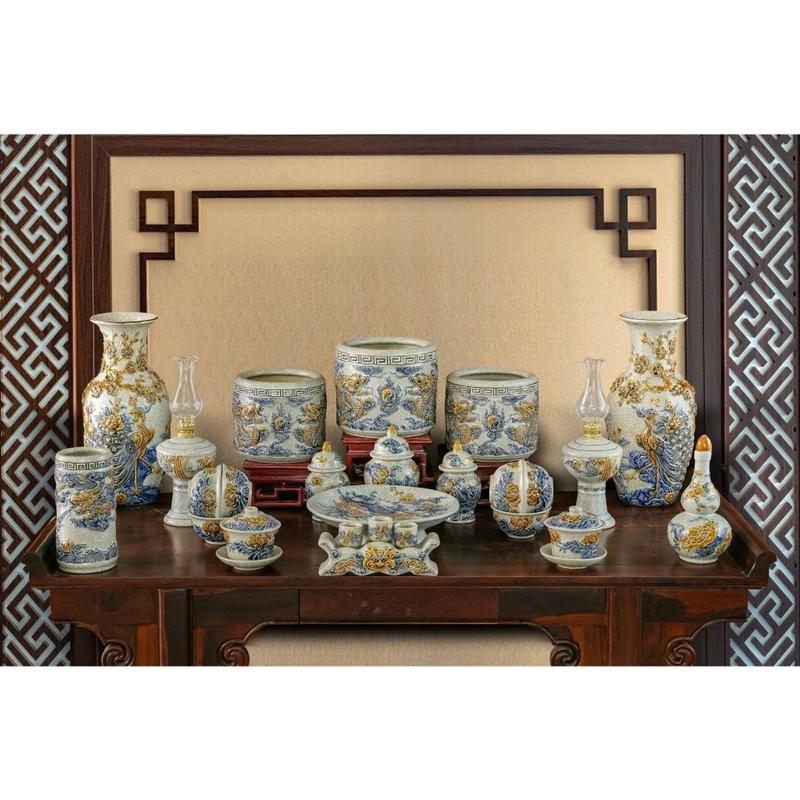 Product Introduction of Bộ Đỉnh Hạc Bát Tràng Đắp Nổi Men Rạn Cao Cấp, Bộ Tam Sự Bằng Sứ - Gốm Sứ Bát Tràng Xanh 34