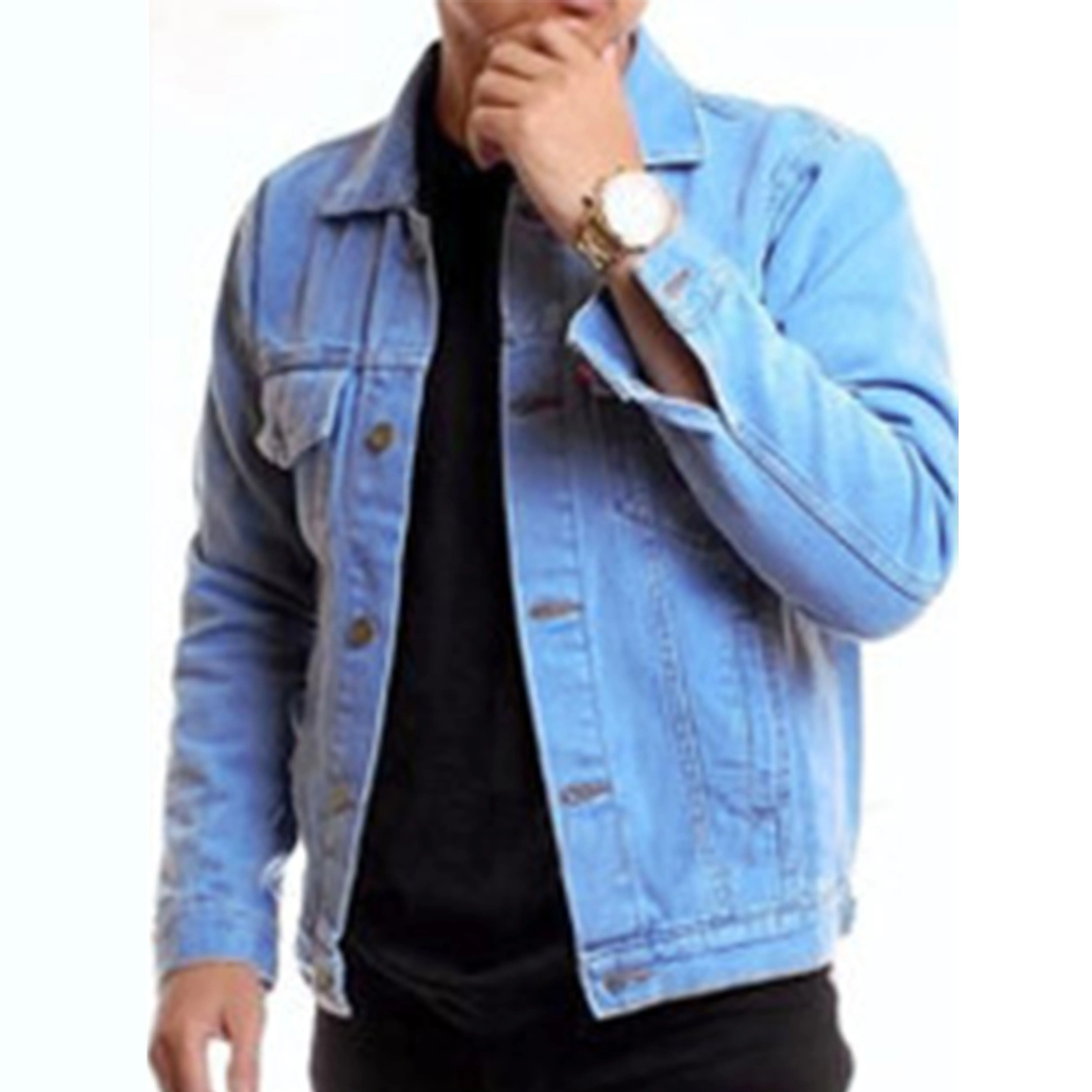 BIOBLITZ Jaket jeans pria dewasa pakaian denim warna biru muda ukuran jumbo Polos Panjang Cowok