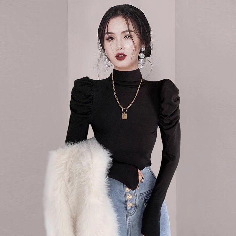 Áo Thun Dài Tay Bong Bóng, Phong Cách Pháp, Cổ Lọ, Màu Trơn Mỏng Vừa Vặn, Áo Mặc Trong Co Giãn 3