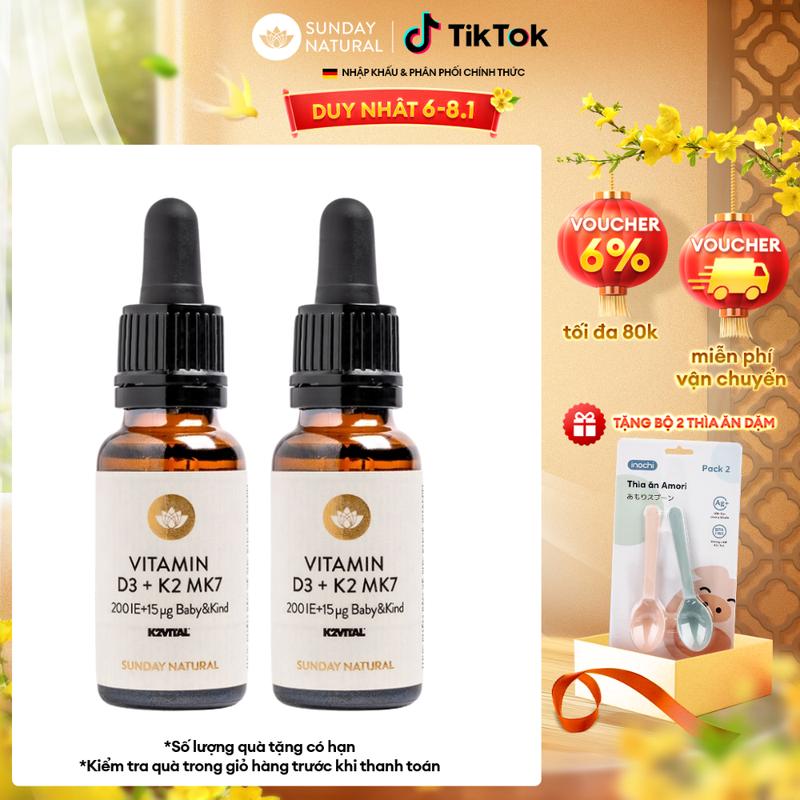 Combo 2 Chai Vitamin  D3K2 MK7 thương hiện Sunday Natural Giúp Tối Ưu Canxi cho Xương và Răng Cho Bé từ 0 tới 4 tuổi - Dung tích 20ml / chai (Bao bì sản phẩm không có hộp đựng bên ngoài) thuần cho sơ sinh vitam k7 d 3 vitamind  3k d3 thuần chay d2 k3