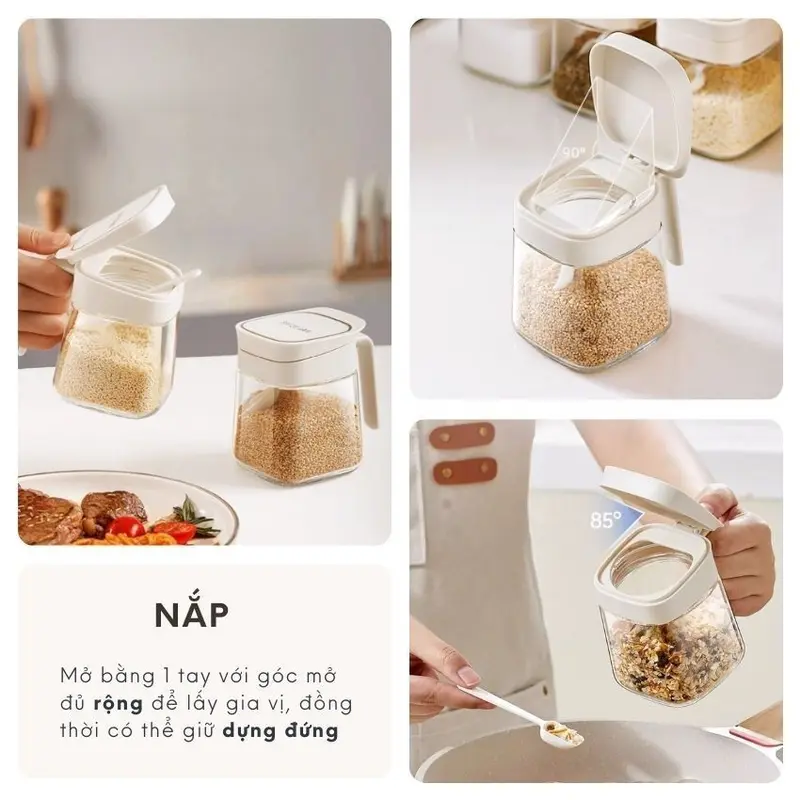 Hũ đựng gia vị vuông thủy tinh có thìa FEEKA chống ẩm, lọ thủy tinh vuông đựng gia vị thông minh 300ml 2