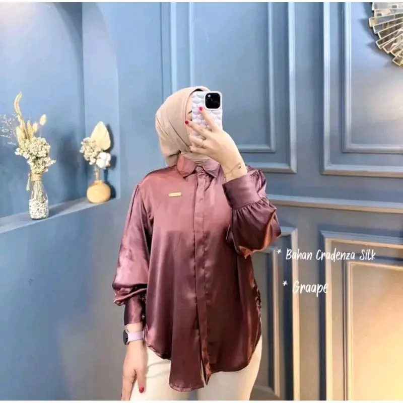 Kemeja shimmer CRADENZA silk grade A.atasan wanita, kemeja wanita lengan panjang Baju Balon 0