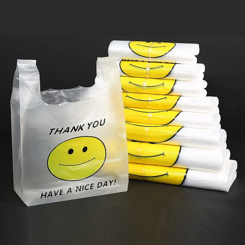50pcs/pack Carry Out Bags Smile Gift Bag Retail Supermarket Grocery Shopping Plastic Bags With Handle Food Packaging